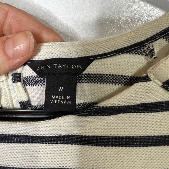 Ann Taylor Off White Navy Blue Stripe Dress Bell Sleeves Gold Buttons - Picture 2 of 12